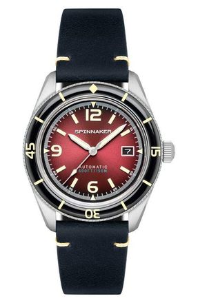 Spinnaker Fleuss Automatic Leather Strap Watch, 43mm in Red at Nordstrom
