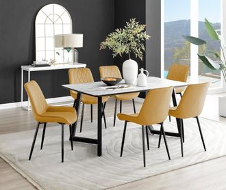 Furniturebox Carson White Marble Effect Dining Table & 6 Pesaro Black Leg Chairs in Mustard