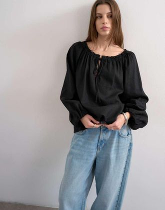 Topshop Blusa a trapezio misto lino nera allacciata sul davanti-Nero