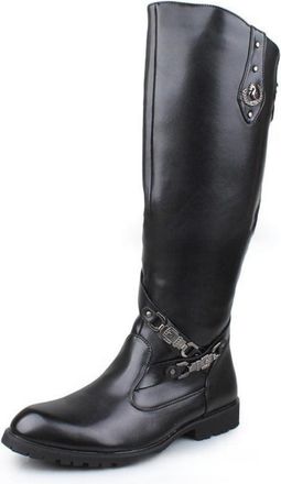 Generic Mens Faux Leather Long Boots with Buckle Round Toe Moto Boots with Side Zipper Flat Heel Knee High Boot,Black,8.5 UK