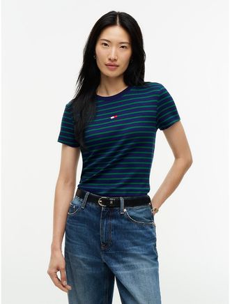 Tommy Hilfiger Womens Mini Flag Logo Striped Favorite T-Shirt - Preppy Navy - XXL