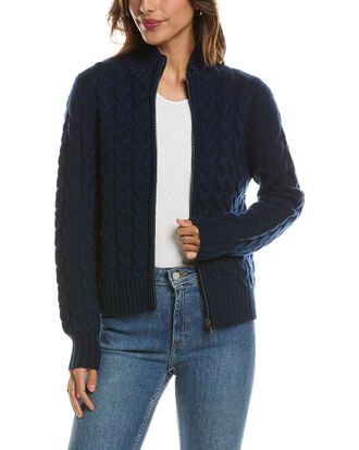 Fort&eacute; Cashmere Cable Zip Mock Neck 100% Cashmere Cardigan