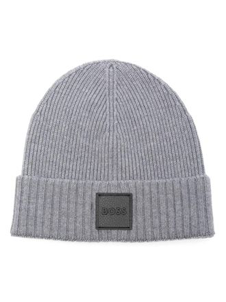 BOSS logo-patch beanie hat - men - Virgin Wool - One Size - Grey