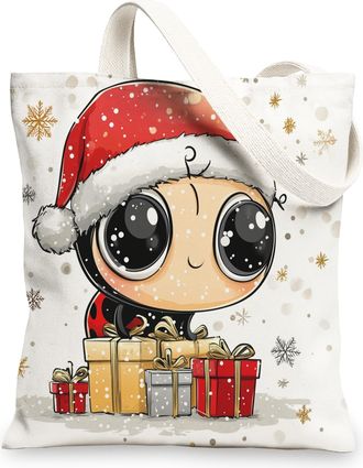 Generic Kid Happy Christmas Ladybug Canvas Tote Bag for Shopping 13x15, Fun Cartoon Xmas Insects Reusable Grocery Print Pattern Bag for Women, Holiday New Yea