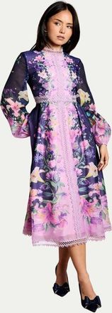 Coast Petite Organza Lace Trim Midi Dress in Navy at Nordstrom, Size 4