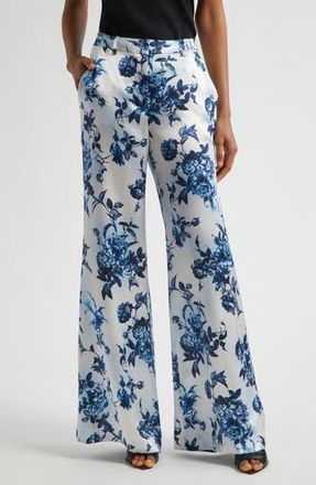 L'agence Pilar Rose Print Wide Leg Silk Pants in White/Blue Painterly Floral at Nordstrom Rack, Size 10