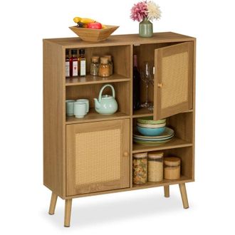 Relaxdays Sideboard, 2 Rattan Doors, 4 Shelves, 2 Compartments, 97x80x29 cm, Living Room & Kitchen Cabinet, Natural - Relaxdays