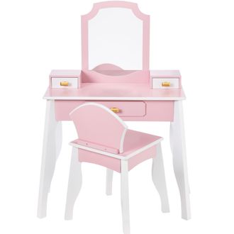 Best Choice Products Best Choice Kids Wooden Pretend Play Vanity and Chair Set w/ Mirror - Little Girls Makeup Table with 3 Drawers