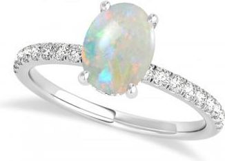 Allurez Oval Opal & Diamond Single Row Hidden Halo Engagement Ring 14k White Gold (0.68ct)