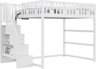 STILVORA Cama Alta Cama Doble Con Escalera, Estantes Y Barandilla, 140 X 200 Cm, Sin Colchon, Blanca