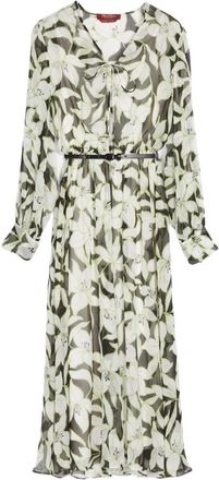 Max Mara Bloemdessin Zijden Chiffon Midi Jurk - Dames - Casual kleedjes - Groen - S - Chiffon - Kleedjes