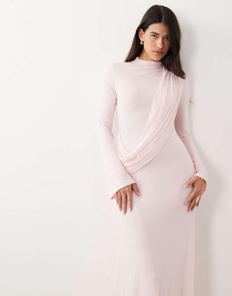 Asos Vestito lungo a maniche lunghe accollato in rete rosa drappeggiato