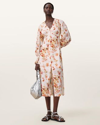 AllSaints Linen Taylen Floral Print Midi Dress, Size: UK 14/US 10
