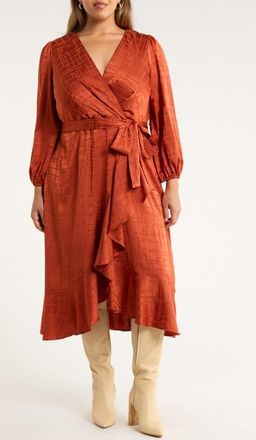 Tahari by ASL Long Sleeve Satin Faux Wrap Dress in Persimmon at Nordstrom, Size 14W