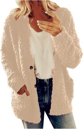Generic Fleece Jacket Women UK Simple Button Style Lightweight Soft Fluffy Teddy Fleece Sweatshirt Thin Coat No Hood Ladies Winter Warm Cardigan Tops with Poc