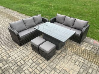Fimous 8 Seater Outdoor Rattan Garden Furniture Sets Height Adjustable Rising lifting Dining Table Sofa Set with Footstools in Dark Grey