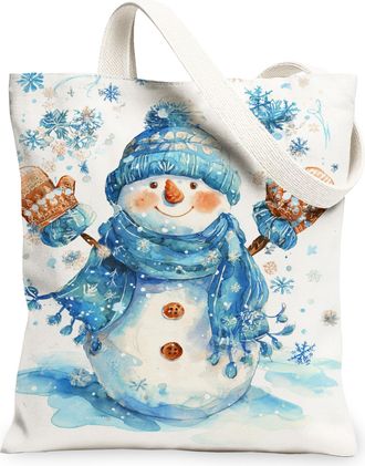 Generic Snow Man Canvas Tote Bags, Cute Winter Pattern Reusable Grocery Bags, Fun Festive Lightweight Washable Canvas for Holiday Travel Picnic 13x15 Inch