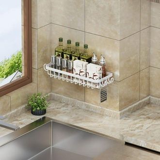 OEM Toallero De Cocina Con Estante Y Ganchos - Pr&aacute;ctico Soporte De Acero Al Carbono Para Esponjas, Cepillos Y Pa&ntilde;os, Blanco, 40 X 14 X 4,5 Cm