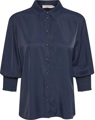 Cream Vrouwelijke Shirt met Smock Manchetten - Dames - Overhemden - Blauw - 3XL - Nylon - Overhemden