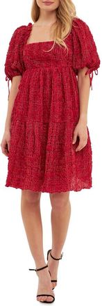 English Factory Gingham Crinkled Flounce A-Line Dress in Burgundy at Nordstrom, Size X-Small