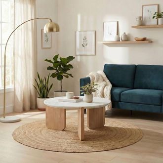 Furniturebox Solia Round White Oak Wood & Marble Coffee Table in Light Brown
