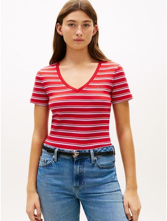 Tommy Hilfiger Womens Stripe V-Neck Favorite T-Shirt - Red - XXL