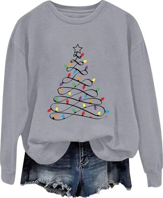 Generic Christmas Jumper for Women, Tree Graphic Print Xmas Sweatshirt Soft Crewneck Long Sleeve Funny Christmas Tops for Women Grey