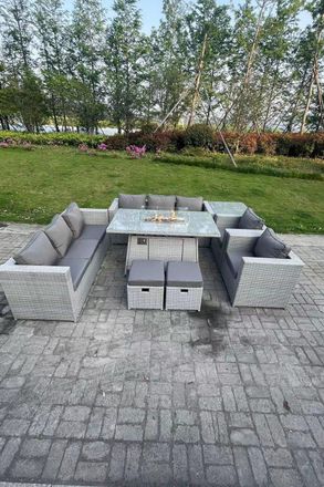 Fimous Rattan Fire Pit Garden Furniture Set Gas Heater Burner Lounge Sofa Dining Set Coffee Table Chairs in Light Grey