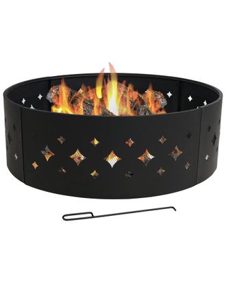 Sunnydaze 36In Wood-Burning Fire Ring Steel With Diamond Cut Out Design And Poker