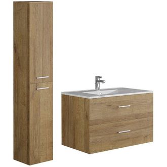 Vente-Unique Vente-unique - Mobile bagno sospeso con lavabo singolo e colonna portaoggetti 80 cm Naturale Chiaro - kayla