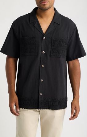 CH&Eacute; Studios Ingo Cotton & Linen Camp Shirt in Black-01 at Nordstrom, Size Xx-Large