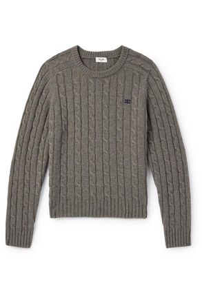 Celine Logo-Embroidered Suede-Trimmed Cable-Knit Cashmere Sweater