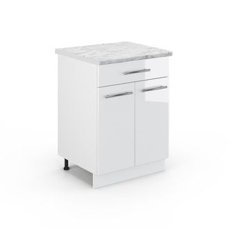 Vicco Mueble Bajo De Cocina Fame-line, Blanco Alto Brillo, 60 Cm Con Caj&oacute;n, Et M&aacute;rmol, Vicco