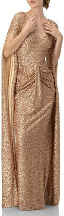 Ivonne Long Sleeve V-Neck Sequin Evening Dress with Slit in Light Pink at Nordstrom, Size 6