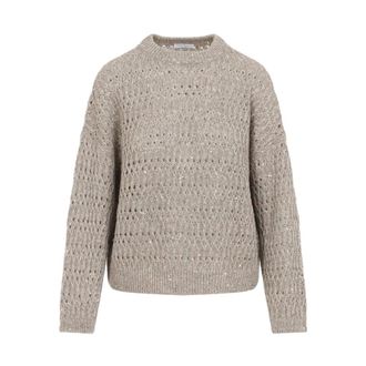 Brunello Cucinelli Brunello Cucinelli, Round-neck Knitwear, female, Gray, Size: M Linen crewneck sweater
