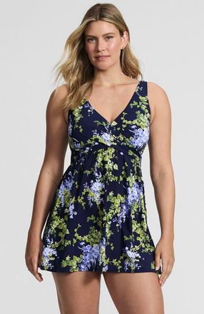 Lands End SlenderSuit V-neck Wrap Swim Dress One Piece Swimsuit Adjustable Straps in Navy/white Blooms at Nordstrom, Size 10