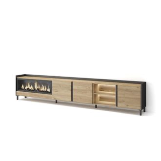 Skraut Home Mueble tv efecto madera roble negro 315x35x61cm chimenea efecto fuego