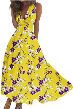 Generic Womens Indian Party Dress, Yellow Floral Sleeveless Maxi Dress, Size M, V-Neck, Boho Style, Lace & Flower Embellishment, Perfect for UK Womens Social 