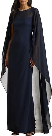 Lauren Ralph Lauren Sheer Cape Georgette Column Gown in Lauren Navy at Nordstrom, Size 12