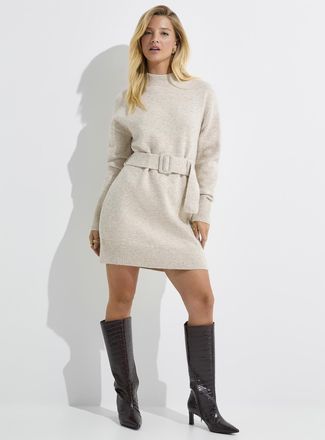 Icone Womens Touch of wool plush knit belted minidress