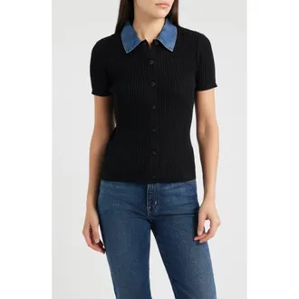Elie Tahari The Remington Denim Collar Short Sleeve Cardigan in Noir/denim at Nordstrom, Size X-Large