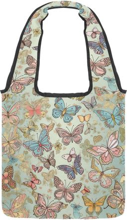 Generic Retro Butterfly with Flower Pattern Reversible Canvas Shoulder Tote - Double-Sided Print, 12oz Cotton, 27cm Drop, Fold-Flat Bag for Travel, Shopping, 