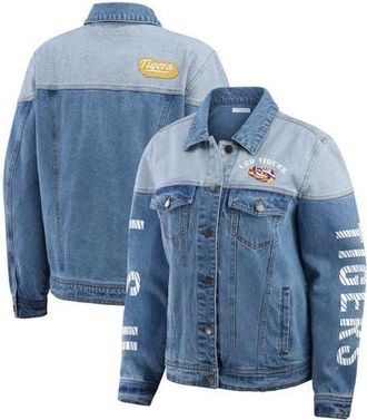 WEAR by Erin Andrews Womens WEAR by Erin Andrews Denim LSU Tigers Sleeve Hit Colorblock Button-Down Denim Jacket at Nordstrom, Size X-Large