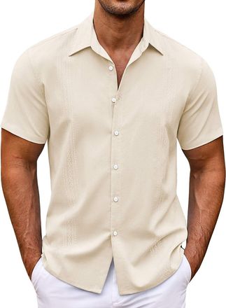 Generic Mens Casual Fashion Solid Color Trendy Striped Loose Short Sleeved Shirt Long Sleeve Shirts for Men (Beige, XXXXXXL)