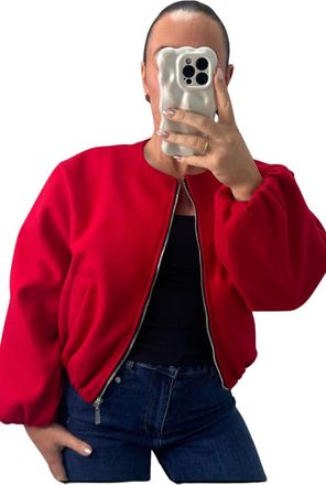 Generic Womens Balloon Sleeve Zipper Bomber Jacket, Ladies Lightweight Stylish Zip-Up Coat with Trendy Balloon Sleeves for Casual Elegant Outfits (Red, 8-14)