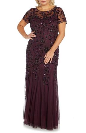 Adrianna Papell Beaded Floral Godet Gown in Night Plum at Nordstrom, Size 14 W