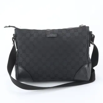 Gucci Black Leather Canvas Messenger Bag Shoulder Bag (Pre-Owned)