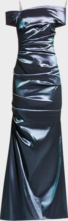 Teri Jon Off-Shoulder Ruched Taffeta Gown
