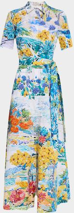 Mary Katrantzou Como Printed Short-Sleeve Belted Midi Shirtdress