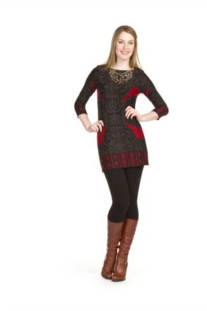 Papillon Damask Print 3/4 Sleeve Sweater Dress In Black
